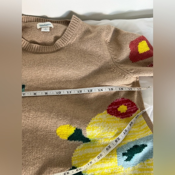 Sundance Winter Flowers Sweater Tan Floral Crewneck Lambswool Cashmere M - Picture 7 of 9